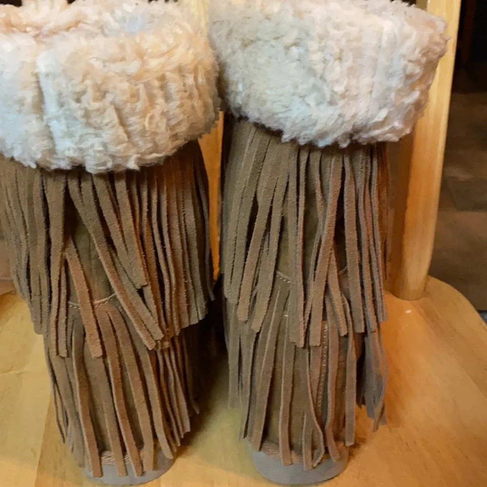 Madden Girl Tan Fringe Winter Boots with Cream Sherpa Cuff